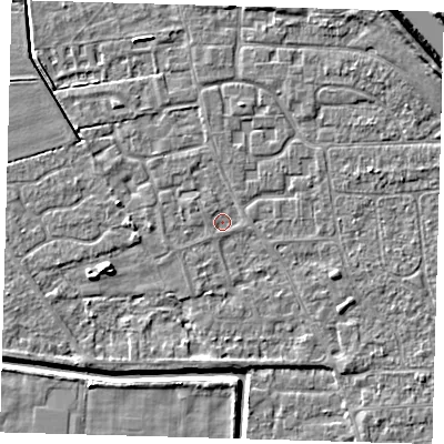 Shaded relief map of the ground around PE218JA, computed from Environment Agency LiDAR. The ground here sits at about 2 m above sea level and falls 7 m across the surrounding 800 m. Surface water reaching this point runs off ground lying to the west-south-west, 0.8 m higher.