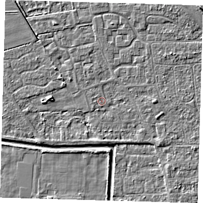 Shaded relief map of the ground around PE218JB, computed from Environment Agency LiDAR. The ground here sits at about 2 m above sea level and falls 7 m across the surrounding 800 m. Surface water reaching this point runs off ground lying to the south-south-west, 1.0 m higher.