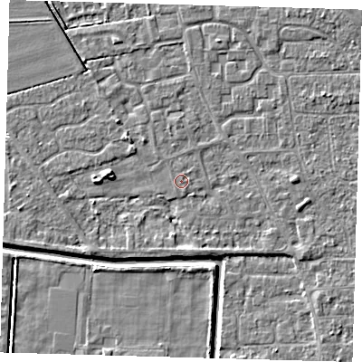 Shaded relief map of the ground around PE218JD, computed from Environment Agency LiDAR. The ground here sits at about 2 m above sea level and falls 4 m across the surrounding 800 m. The ground contributing surface water to this point lies to the south-south-east.