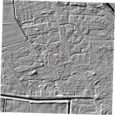 Shaded relief map of the ground around PE218JE, computed from Environment Agency LiDAR. The ground here sits at about 2 m above sea level and falls 8 m across the surrounding 800 m. The ground contributing surface water to this point lies to the north-north-west.