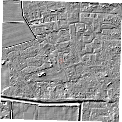 Shaded relief map of the ground around PE218JF, computed from Environment Agency LiDAR. The ground here sits at about 2 m above sea level and falls 7 m across the surrounding 800 m. The ground contributing surface water to this point lies to the north-north-west.