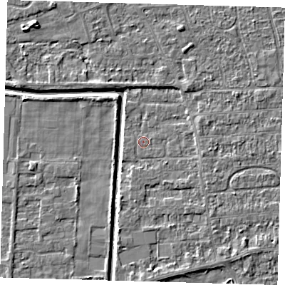 Shaded relief map of the ground around PE218JG, computed from Environment Agency LiDAR. The ground here sits at about 2 m above sea level and falls 4 m across the surrounding 800 m. The ground contributing surface water to this point lies to the east-south-east.