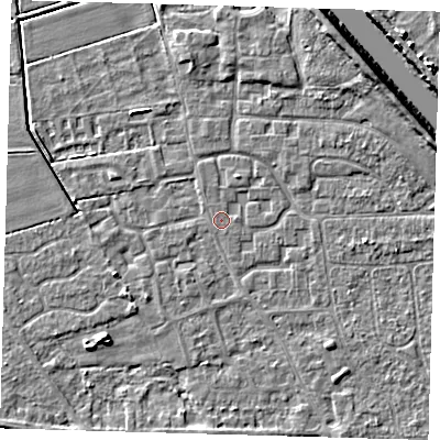 Shaded relief map of the ground around PE218JH, computed from Environment Agency LiDAR. The ground here sits at about 2 m above sea level and falls 7 m across the surrounding 800 m. Surface water reaching this point runs off ground lying to the east, 0.5 m higher.