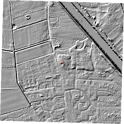 Shaded relief map of the ground around PE218JJ, computed from Environment Agency LiDAR. The ground here sits at about 4 m above sea level and falls 7 m across the surrounding 800 m. Surface water reaching this point runs off ground lying to the east-north-east, 0.6 m higher.