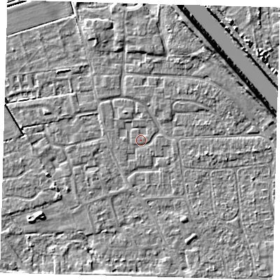 Shaded relief map of the ground around PE218JL, computed from Environment Agency LiDAR. The ground here sits at about 2 m above sea level and falls 7 m across the surrounding 800 m. Surface water reaching this point runs off ground lying to the north-east, 5.4 m higher.