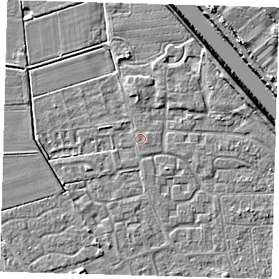 Shaded relief map of the ground around PE218JN, computed from Environment Agency LiDAR. The ground here sits at about 2 m above sea level and falls 7 m across the surrounding 800 m. Surface water reaching this point runs off ground lying to the east-north-east, 0.9 m higher.