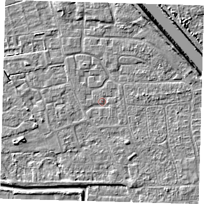Shaded relief map of the ground around PE218JQ, computed from Environment Agency LiDAR. The ground here sits at about 2 m above sea level and falls 8 m across the surrounding 800 m. Surface water reaching this point runs off ground lying to the east, 1.5 m higher.