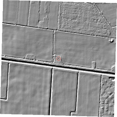 Shaded relief map of the ground around PE218JR, computed from Environment Agency LiDAR. The ground here sits at about 2 m above sea level and falls 4 m across the surrounding 800 m. Surface water reaching this point runs off ground lying to the west-south-west, 1.7 m higher.