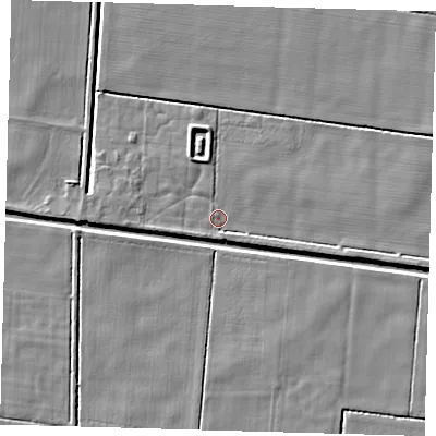 Shaded relief map of the ground around PE218JS, computed from Environment Agency LiDAR. The ground here sits at about 2 m above sea level and falls 4 m across the surrounding 800 m. Surface water reaching this point runs off ground lying to the east-south-east, 2.6 m higher.