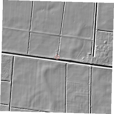 Shaded relief map of the ground around PE218JT, computed from Environment Agency LiDAR. The ground here sits at about 2 m above sea level and falls 4 m across the surrounding 800 m. Surface water reaching this point runs off ground lying to the east-south-east, 3.5 m higher.