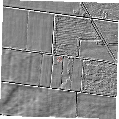 Shaded relief map of the ground around PE218JU, computed from Environment Agency LiDAR. The ground here sits at about 2 m above sea level and falls 3 m across the surrounding 800 m. Surface water reaching this point runs off ground lying to the south-east, 0.9 m higher.