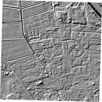 Shaded relief map of the ground around PE218JW, computed from Environment Agency LiDAR. The ground here sits at about 2 m above sea level and falls 7 m across the surrounding 800 m. Surface water reaching this point runs off ground lying to the east-north-east, 0.8 m higher.
