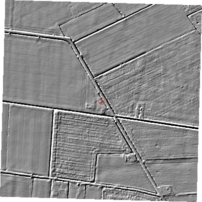 Shaded relief map of the ground around PE218JY, computed from Environment Agency LiDAR. The ground here sits at about 2 m above sea level and falls 3 m across the surrounding 800 m. Surface water reaching this point runs off ground lying to the north, 1.4 m higher.
