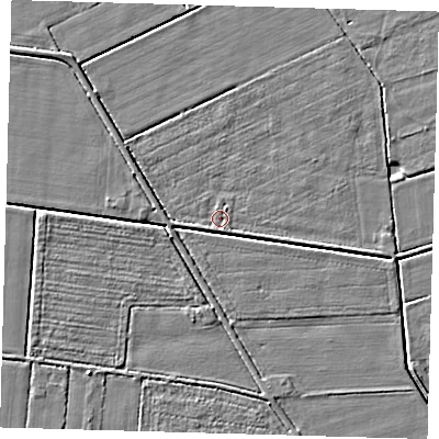 Shaded relief map of the ground around PE218JZ, computed from Environment Agency LiDAR. The ground here sits at about 2 m above sea level and falls 3 m across the surrounding 800 m. Surface water reaching this point runs off ground lying to the east-south-east, 2.4 m higher.