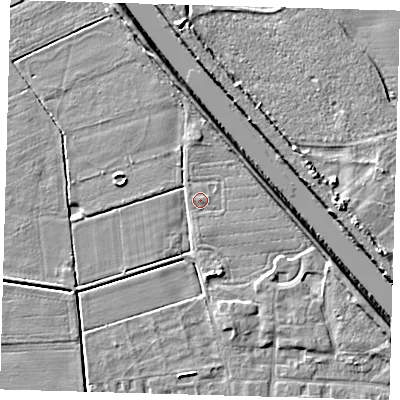Shaded relief map of the ground around PE218LA, computed from Environment Agency LiDAR. The ground here sits at about 3 m above sea level and falls 7 m across the surrounding 800 m. Surface water reaching this point runs off ground lying to the east-south-east, 3.5 m higher.
