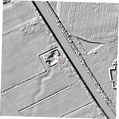 Shaded relief map of the ground around PE218LB, computed from Environment Agency LiDAR. The ground here sits at about 3 m above sea level and falls 6 m across the surrounding 800 m. Surface water reaching this point runs off ground lying to the east-north-east, 4.6 m higher.