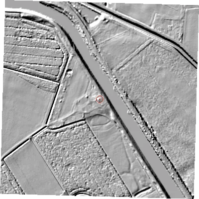 Shaded relief map of the ground around PE218LD, computed from Environment Agency LiDAR. The ground here sits at about 5 m above sea level and falls 7 m across the surrounding 800 m. Surface water reaching this point runs off ground lying to the east, 1.4 m higher.