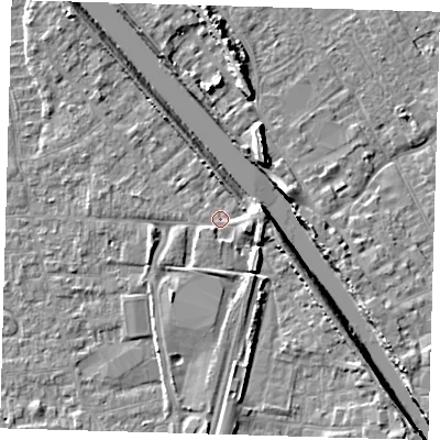 Shaded relief map of the ground around PE218LE, computed from Environment Agency LiDAR. The ground here sits at about 3 m above sea level and falls 8 m across the surrounding 800 m. Surface water reaching this point runs off ground lying to the east, 3.8 m higher.