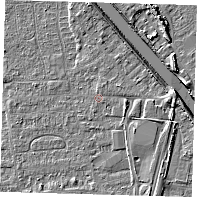 Shaded relief map of the ground around PE218LF, computed from Environment Agency LiDAR. The ground here sits at about 3 m above sea level and falls 8 m across the surrounding 800 m. Surface water reaching this point runs off ground lying to the east-south-east, 2.2 m higher.