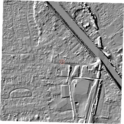 Shaded relief map of the ground around PE218LG, computed from Environment Agency LiDAR. The ground here sits at about 4 m above sea level and falls 8 m across the surrounding 800 m. Surface water reaching this point runs off ground lying to the south-east, 2.2 m higher.