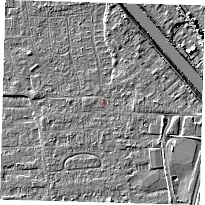 Shaded relief map of the ground around PE218LH, computed from Environment Agency LiDAR. The ground here sits at about 3 m above sea level and falls 7 m across the surrounding 800 m. Surface water reaching this point runs off ground lying to the east-south-east, 2.9 m higher.