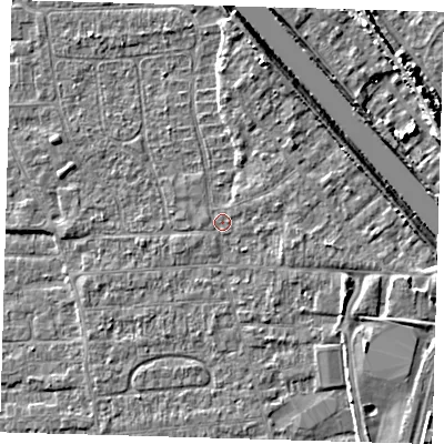 Shaded relief map of the ground around PE218LJ, computed from Environment Agency LiDAR. The ground here sits at about 3 m above sea level and falls 7 m across the surrounding 800 m. Surface water reaching this point runs off ground lying to the east-north-east, 1.1 m higher.