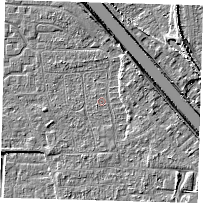 Shaded relief map of the ground around PE218LN, computed from Environment Agency LiDAR. The ground here sits at about 2 m above sea level and falls 7 m across the surrounding 800 m. The ground contributing surface water to this point lies to the north-west.