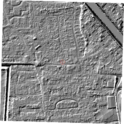 Shaded relief map of the ground around PE218LP, computed from Environment Agency LiDAR. The ground here sits at about 2 m above sea level and falls 7 m across the surrounding 800 m. Surface water reaching this point runs off ground lying to the south-east, 0.8 m higher.