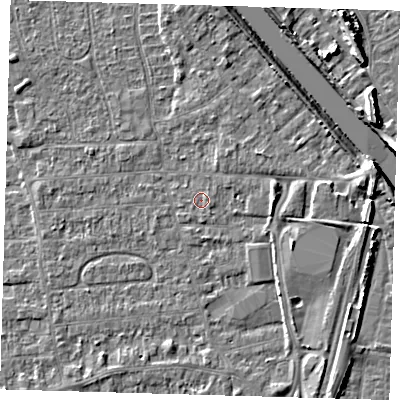 Shaded relief map of the ground around PE218LQ, computed from Environment Agency LiDAR. The ground here sits at about 3 m above sea level and falls 8 m across the surrounding 800 m. Surface water reaching this point runs off ground lying to the north-east, 0.7 m higher.