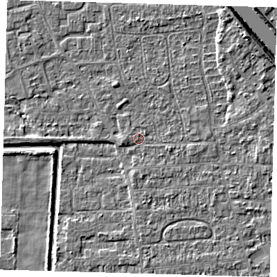 Shaded relief map of the ground around PE218LR, computed from Environment Agency LiDAR. The ground here sits at about 2 m above sea level and falls 6 m across the surrounding 800 m. Surface water reaching this point runs off ground lying to the west, 0.7 m higher.