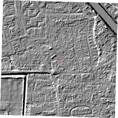 Shaded relief map of the ground around PE218LS, computed from Environment Agency LiDAR. The ground here sits at about 2 m above sea level and falls 6 m across the surrounding 800 m. Surface water reaching this point runs off ground lying to the north-west, 1.2 m higher.