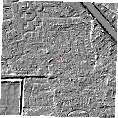 Shaded relief map of the ground around PE218LT, computed from Environment Agency LiDAR. The ground here sits at about 2 m above sea level and falls 6 m across the surrounding 800 m. Surface water reaching this point runs off ground lying to the west-north-west, 1.1 m higher.