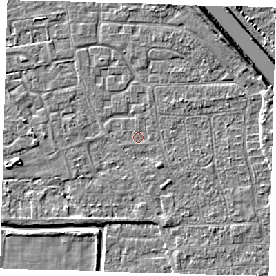 Shaded relief map of the ground around PE218LU, computed from Environment Agency LiDAR. The ground here sits at about 2 m above sea level and falls 7 m across the surrounding 800 m. Surface water reaching this point runs off ground lying to the east-north-east, 3.4 m higher.