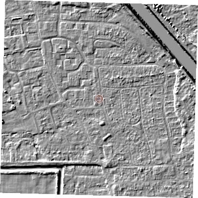 Shaded relief map of the ground around PE218LX, computed from Environment Agency LiDAR. The ground here sits at about 2 m above sea level and falls 8 m across the surrounding 800 m. Surface water reaching this point runs off ground lying to the east, 3.8 m higher.