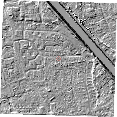 Shaded relief map of the ground around PE218LZ, computed from Environment Agency LiDAR. The ground here sits at about 2 m above sea level and falls 6 m across the surrounding 800 m. Surface water reaching this point runs off ground lying to the north-north-east, 4.5 m higher.