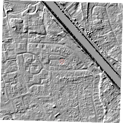 Shaded relief map of the ground around PE218NA, computed from Environment Agency LiDAR. The ground here sits at about 2 m above sea level and falls 6 m across the surrounding 800 m. Surface water reaching this point runs off ground lying to the north-north-east, 1.3 m higher.
