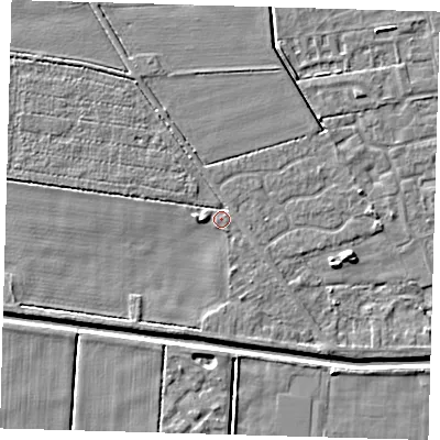 Shaded relief map of the ground around PE218NB, computed from Environment Agency LiDAR. The ground here sits at about 2 m above sea level and falls 4 m across the surrounding 800 m. Surface water reaching this point runs off ground lying to the south-south-west, 1.8 m higher.