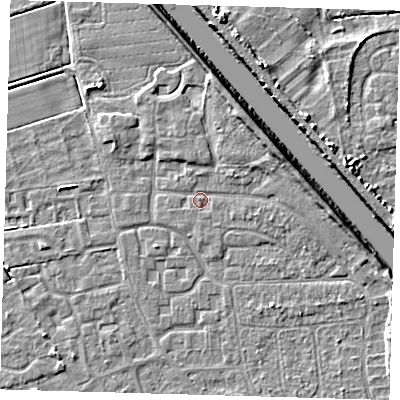 Shaded relief map of the ground around PE218ND, computed from Environment Agency LiDAR. The ground here sits at about 3 m above sea level and falls 7 m across the surrounding 800 m. Surface water reaching this point runs off ground lying to the east-north-east, 5.1 m higher.