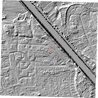 Shaded relief map of the ground around PE218NF, computed from Environment Agency LiDAR. The ground here sits at about 3 m above sea level and falls 6 m across the surrounding 800 m. The ground contributing surface water to this point lies to the east-north-east.