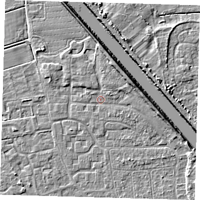 Shaded relief map of the ground around PE218NG, computed from Environment Agency LiDAR. The ground here sits at about 3 m above sea level and falls 6 m across the surrounding 800 m. Surface water reaching this point runs off ground lying to the east-north-east, 5.1 m higher.