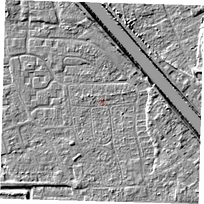 Shaded relief map of the ground around PE218NH, computed from Environment Agency LiDAR. The ground here sits at about 2 m above sea level and falls 8 m across the surrounding 800 m. Surface water reaching this point runs off ground lying to the west-north-west, 0.9 m higher.