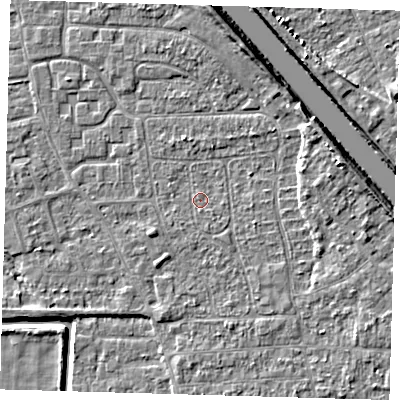 Shaded relief map of the ground around PE218NJ, computed from Environment Agency LiDAR. The ground here sits at about 2 m above sea level and falls 7 m across the surrounding 800 m. Surface water reaching this point runs off ground lying to the east-north-east, 3.8 m higher.