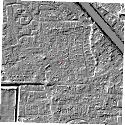 Shaded relief map of the ground around PE218NL, computed from Environment Agency LiDAR. The ground here sits at about 2 m above sea level and falls 7 m across the surrounding 800 m. Surface water reaching this point runs off ground lying to the west-north-west, 0.5 m higher.