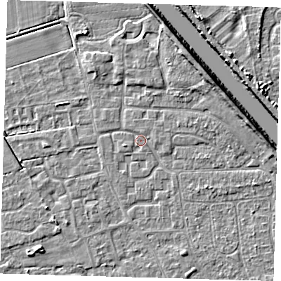 Shaded relief map of the ground around PE218NN, computed from Environment Agency LiDAR. The ground here sits at about 2 m above sea level and falls 7 m across the surrounding 800 m. Surface water reaching this point runs off ground lying to the north-east, 5.4 m higher.