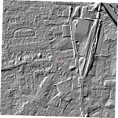 Shaded relief map of the ground around PE218NP, computed from Environment Agency LiDAR. The ground here sits at about 3 m above sea level and falls 6 m across the surrounding 800 m. Surface water reaching this point runs off ground lying to the south-east, 1.7 m higher.