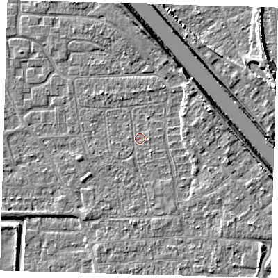 Shaded relief map of the ground around PE218NQ, computed from Environment Agency LiDAR. The ground here sits at about 2 m above sea level and falls 7 m across the surrounding 800 m. Surface water reaching this point runs off ground lying to the south, 0.8 m higher.