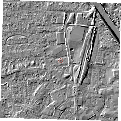 Shaded relief map of the ground around PE218NR, computed from Environment Agency LiDAR. The ground here sits at about 3 m above sea level and falls 6 m across the surrounding 800 m. Surface water reaching this point runs off ground lying to the south-south-east, 1.7 m higher.