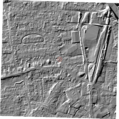 Shaded relief map of the ground around PE218NS, computed from Environment Agency LiDAR. The ground here sits at about 3 m above sea level and falls 6 m across the surrounding 800 m. Surface water reaching this point runs off ground lying to the east-north-east, 2.3 m higher.