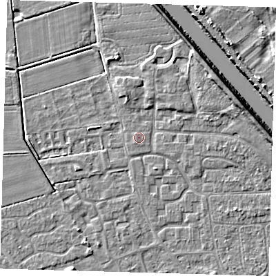 Shaded relief map of the ground around PE218NT, computed from Environment Agency LiDAR. The ground here sits at about 3 m above sea level and falls 7 m across the surrounding 800 m. The ground contributing surface water to this point lies to the north-north-west.