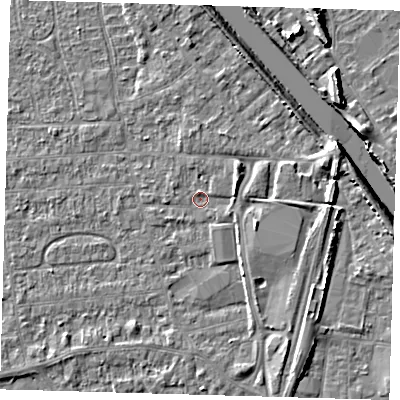 Shaded relief map of the ground around PE218NU, computed from Environment Agency LiDAR. The ground here sits at about 3 m above sea level and falls 7 m across the surrounding 800 m. Surface water reaching this point runs off ground lying to the east-south-east, 2.5 m higher.